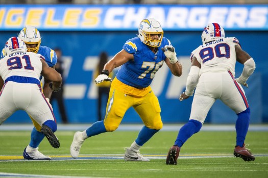 Chargers offensive tackle Rashawn Slater plays against the Buffalo Bills, Saturday, Dec. 23, 2023, in Inglewood, Calif. (AP Photo/Kyusung Gong)
