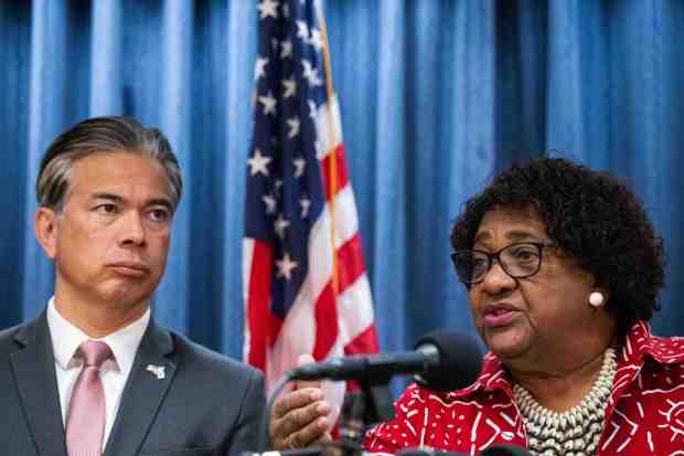 Attorney General Rob Bonta announces with Secretary of State Shirley Weber that they filed a lawsuit to challenge Huntington Beach's voter identification law to protect voter rights in the Orange County city in Los Angeles on Monday, April 15, 2024. (Photo by Sarah Reingewirtz, Los Angeles Daily ɫ̳/SCNG)