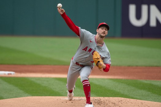 Los Angeles Angels starting pitcher Griffin Canning delivers against the Cleveland Guardians during the first inning of a baseball game in Cleveland, Sunday, May 5, 2024. (AP Photo/Phil Long)
