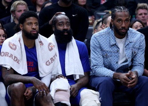 The Clippers, with star players like, from left, Paul George, James Harden and Kawhi Leonard, face yet another offseason after an early postseason exit. (Photo by Harry How/Getty Images)
