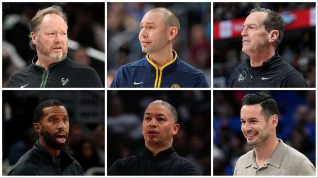 A list of potential candidates for the Lakers’ head coaching job could include, clockwise from top left, former Milwaukee Bucks head coach Mike Budenholzer, Denver Nuggets assistant coach David Adelman, Golden State Warriors assistant coach Kenny Atkinson, recently retired player-turned-broadcaster JJ Redick, Clippers head coach Tyronn Lue and Boston Celtics assistant coach Charles Lee. (Photos by Getty Images and The Associated Press)
