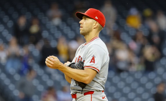Angels starting pitcher Tyler Anderson shows his frustration after giving up a grand slam during the third inning of their game against the Pittsburgh Pirates on Monday night in Pittsburgh. (Photo by Justin K. Aller/Getty Images)
